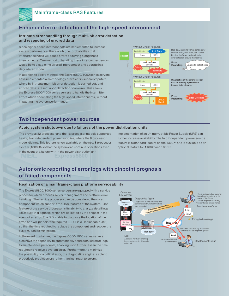 Two independent power sources, Mainframe-class ras features | NEC INTEL 5800/1000 User Manual | Page 10 / 12