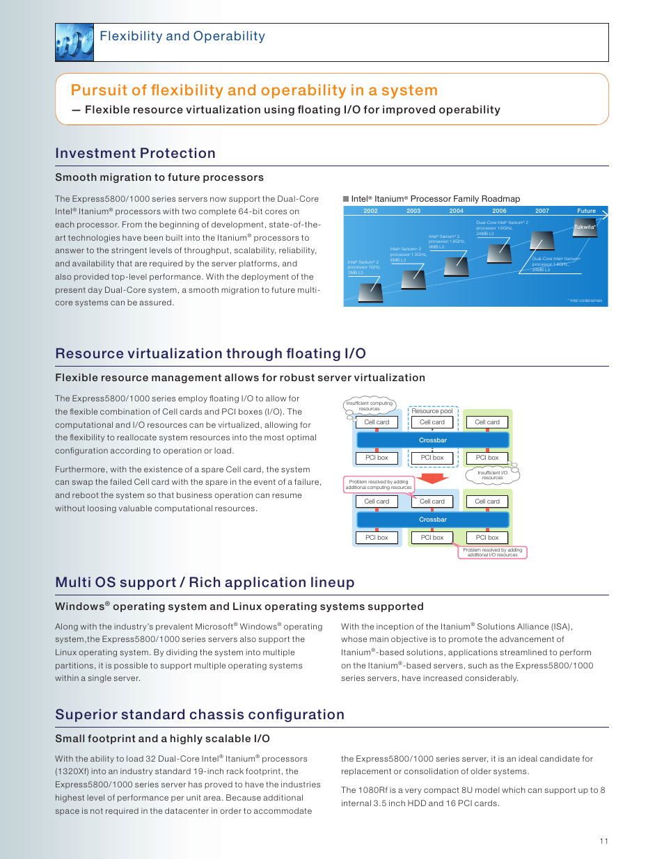 Pursuit of flexibility and operability in a system, Investment protection, Resource virtualization through floating i/o | Multi os support / rich application lineup, Superior standard chassis configuration, Flexibility and operability, Smooth migration to future processors, Windows, Small footprint and a highly scalable i/o | NEC INTEL 5800/1000 User Manual | Page 11 / 12