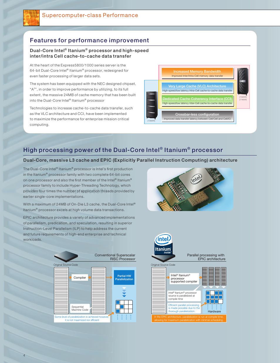 Features for performance improvement, High processing power of the dual-core intel, Processor | Supercomputer-class performance, Dual-core intel, Itanium | NEC INTEL 5800/1000 User Manual | Page 4 / 12