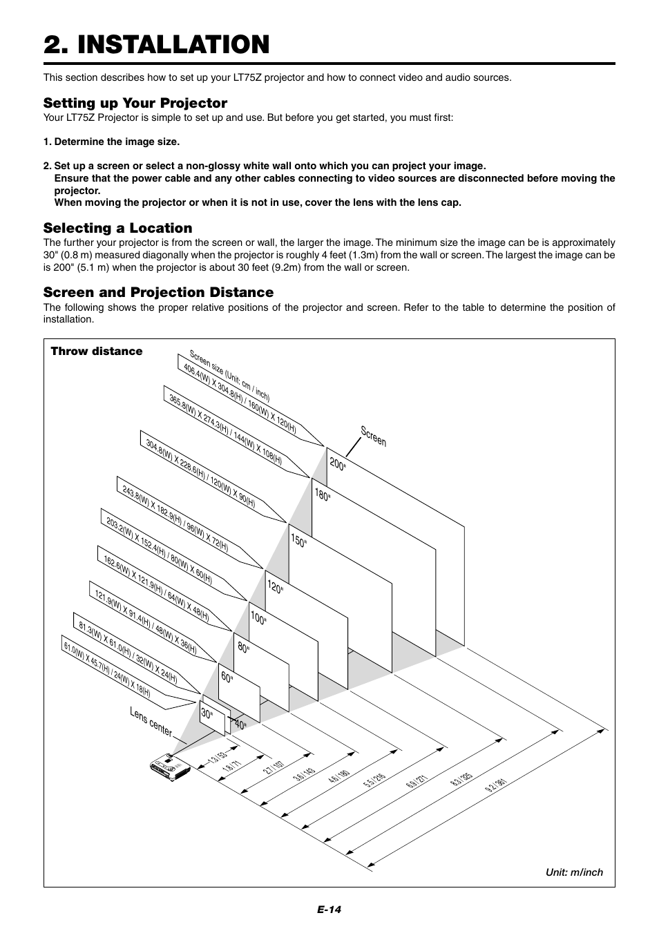 Installation, Setting up your projector, Selecting a location | Screen and projection distance | NEC LT75Z User Manual | Page 14 / 40