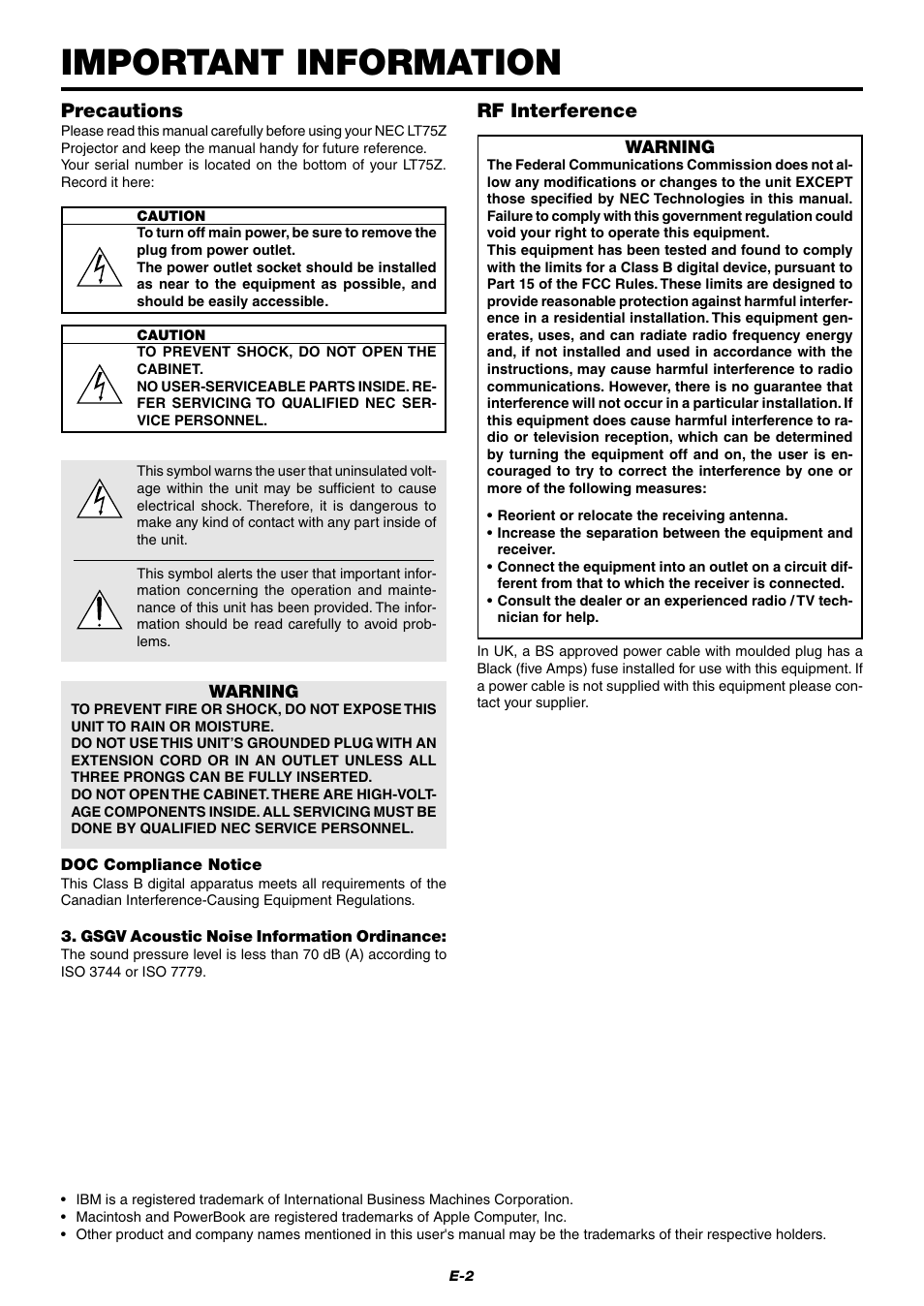 Important information, Precautions, Rf interference | NEC LT75Z User Manual | Page 2 / 40
