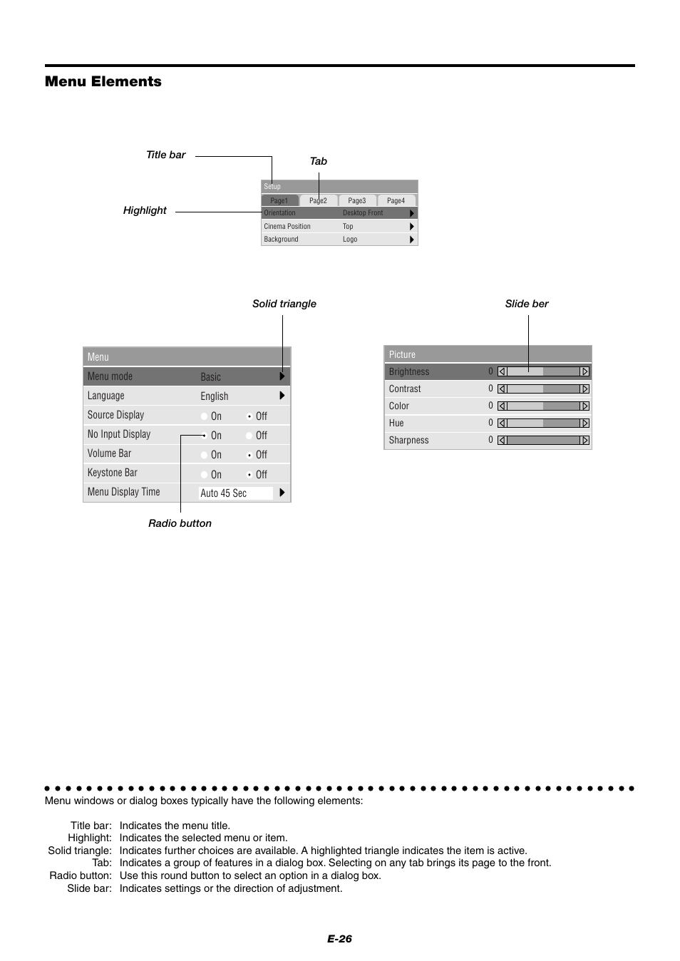 Menu elements | NEC LT75Z User Manual | Page 26 / 40