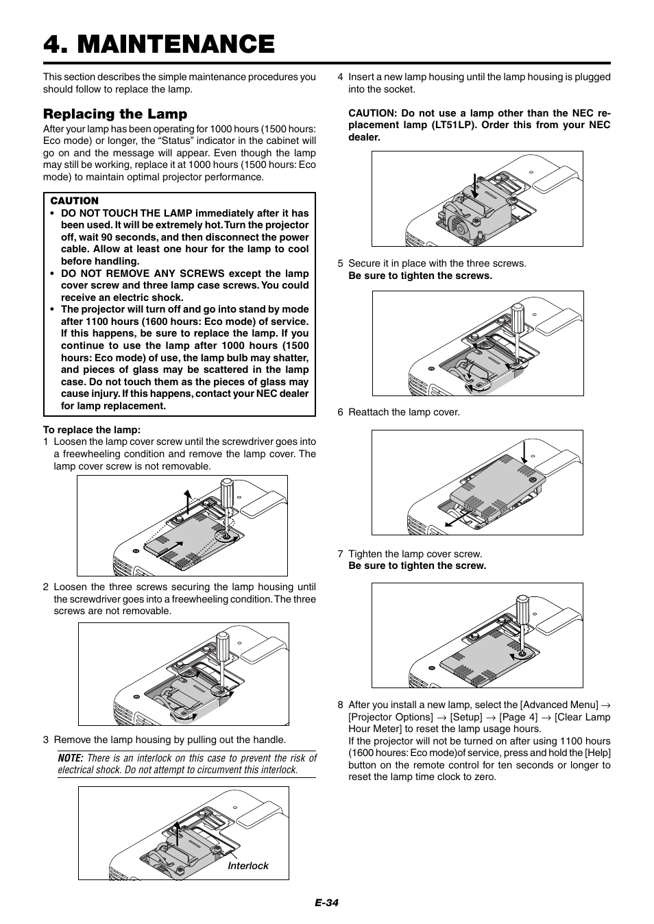 Maintenance, Replacing the lamp | NEC LT75Z User Manual | Page 34 / 40