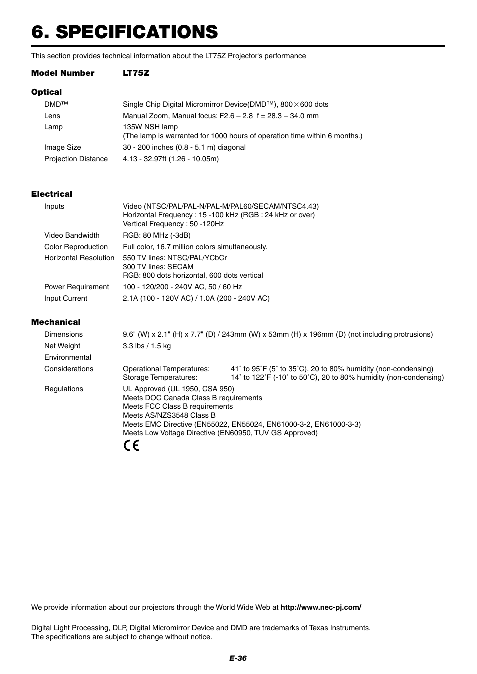Specifications | NEC LT75Z User Manual | Page 36 / 40