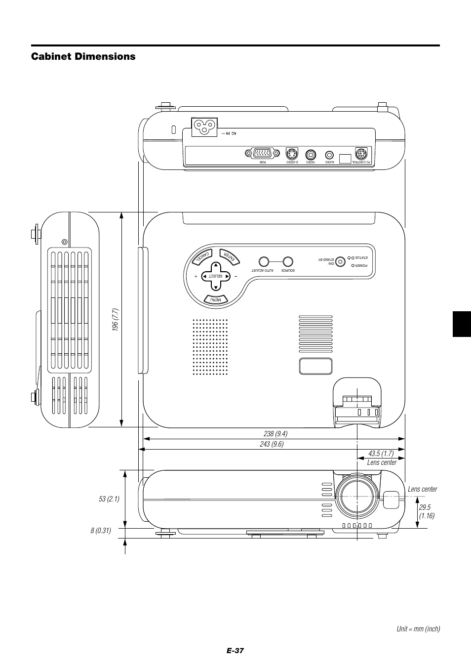 Cabinet dimensions, E-37 | NEC LT75Z User Manual | Page 37 / 40