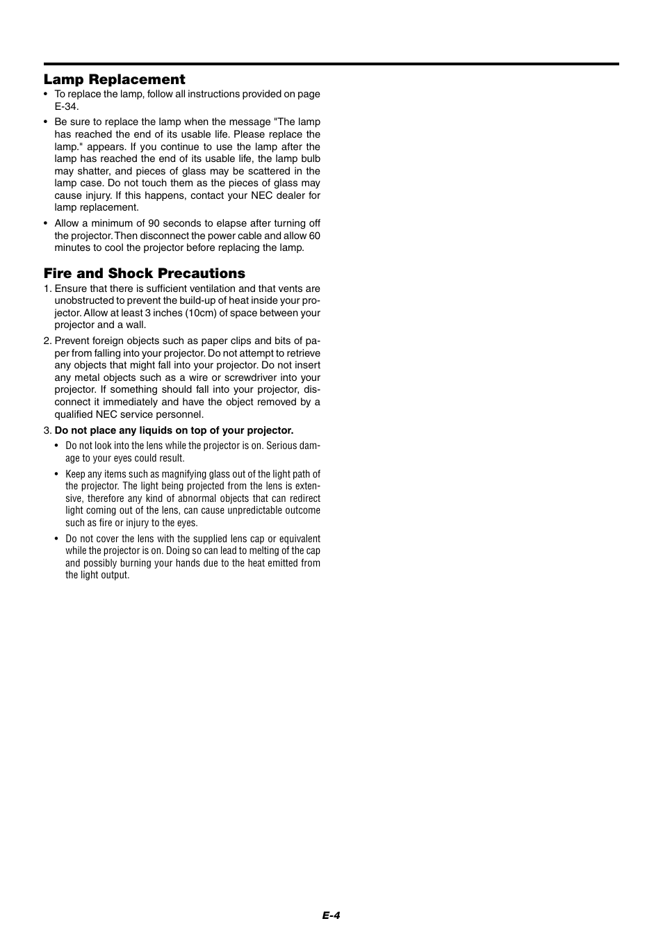 Lamp replacement, Fire and shock precautions | NEC LT75Z User Manual | Page 4 / 40