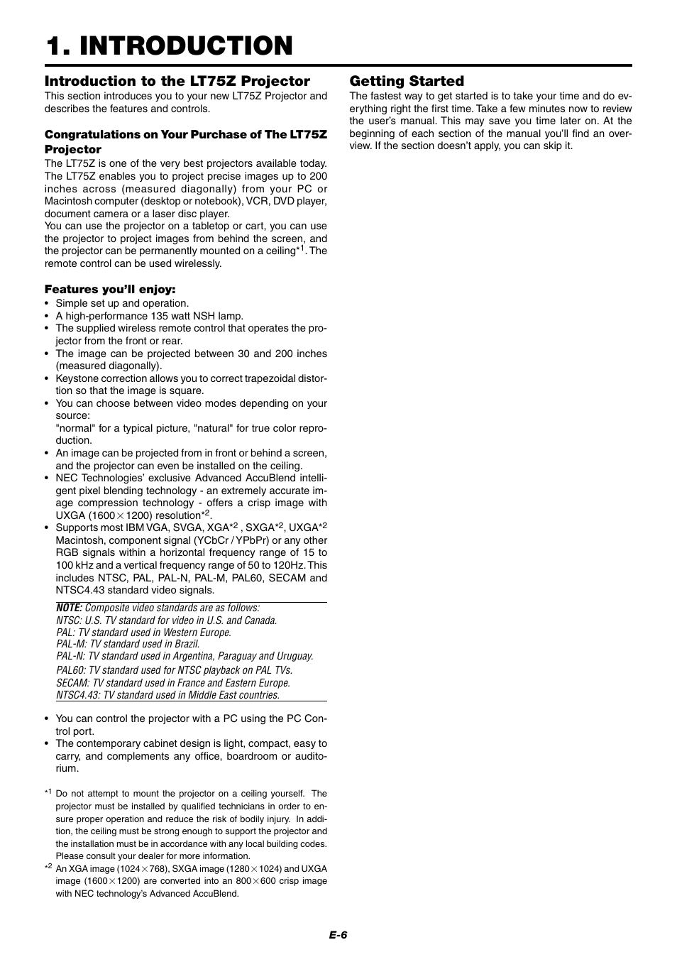 Introduction, Introduction to the lt75z projector, Getting started | NEC LT75Z User Manual | Page 6 / 40
