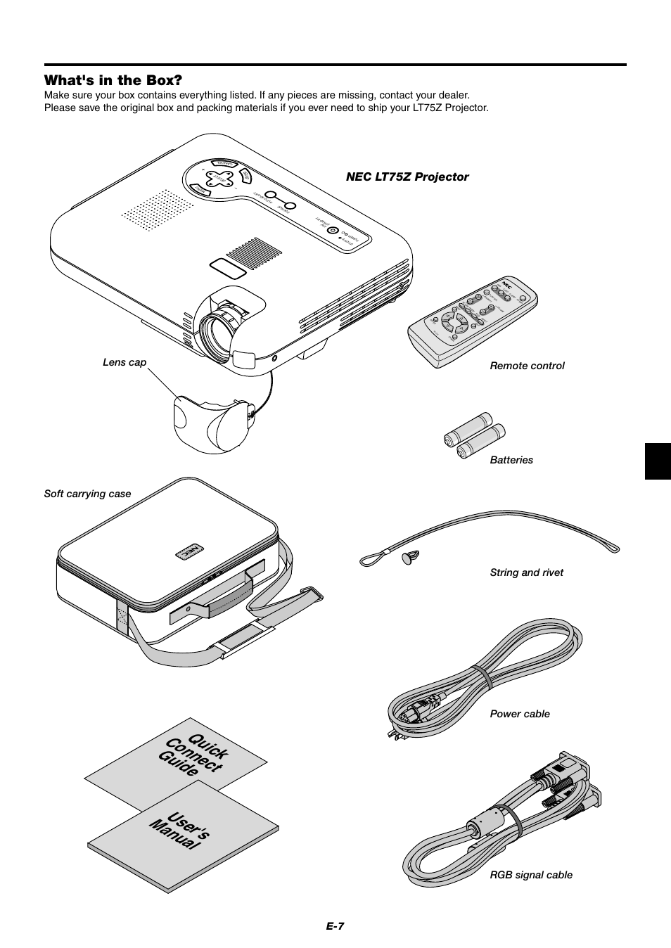 Quick connect guide user's manual, What's in the box, Nec lt75z projector | NEC LT75Z User Manual | Page 7 / 40