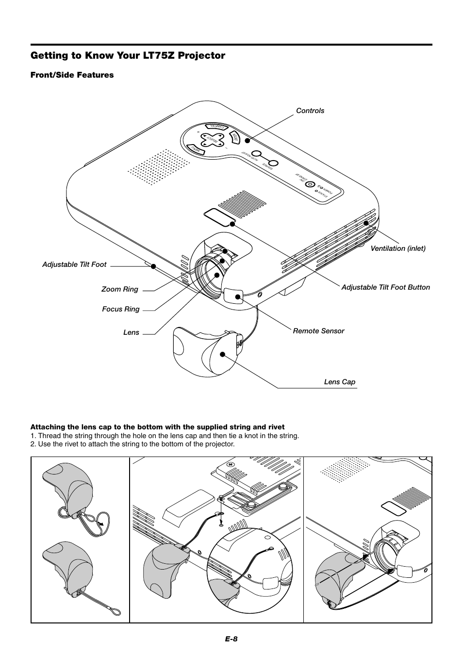 Getting to know your lt75z projector, Front/side features, Controls | NEC LT75Z User Manual | Page 8 / 40