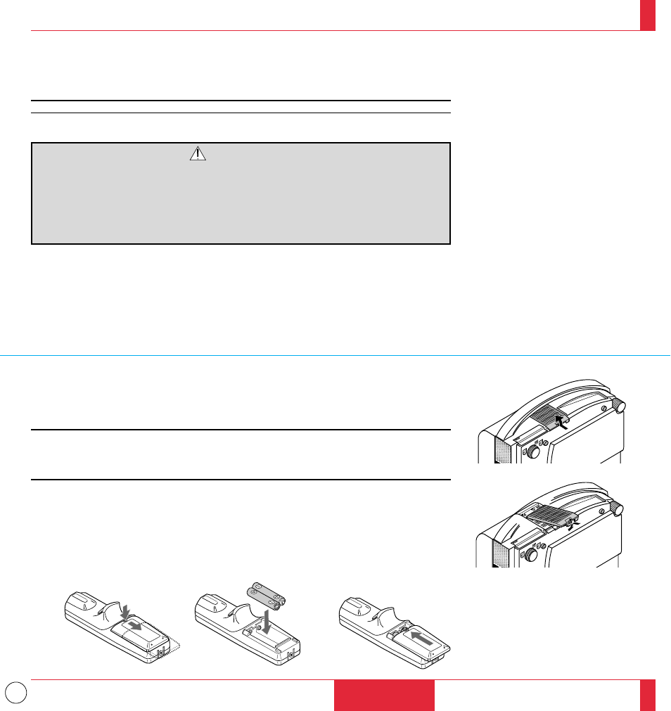 Cleaning or replacing the filter, Caution, Remote control battery installation | NEC MT1035 User Manual | Page 42 / 53