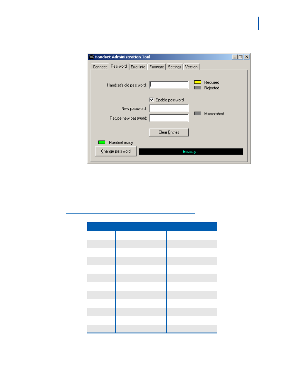 Character table, Character table -5, Password change tab window -5 | Handset character entry table -5 | NEC MH160 User Manual | Page 27 / 46