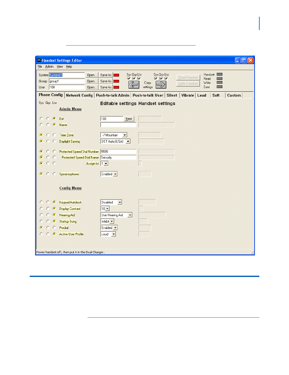 Downloading and uploading configuration plans, Downloading a configuration plan to a handset, Downloading and uploading configuration plans -9 | Downloading a configuration plan to a handset -9, Handset settings editor example -9, Figure 4-4 | NEC MH160 User Manual | Page 43 / 46