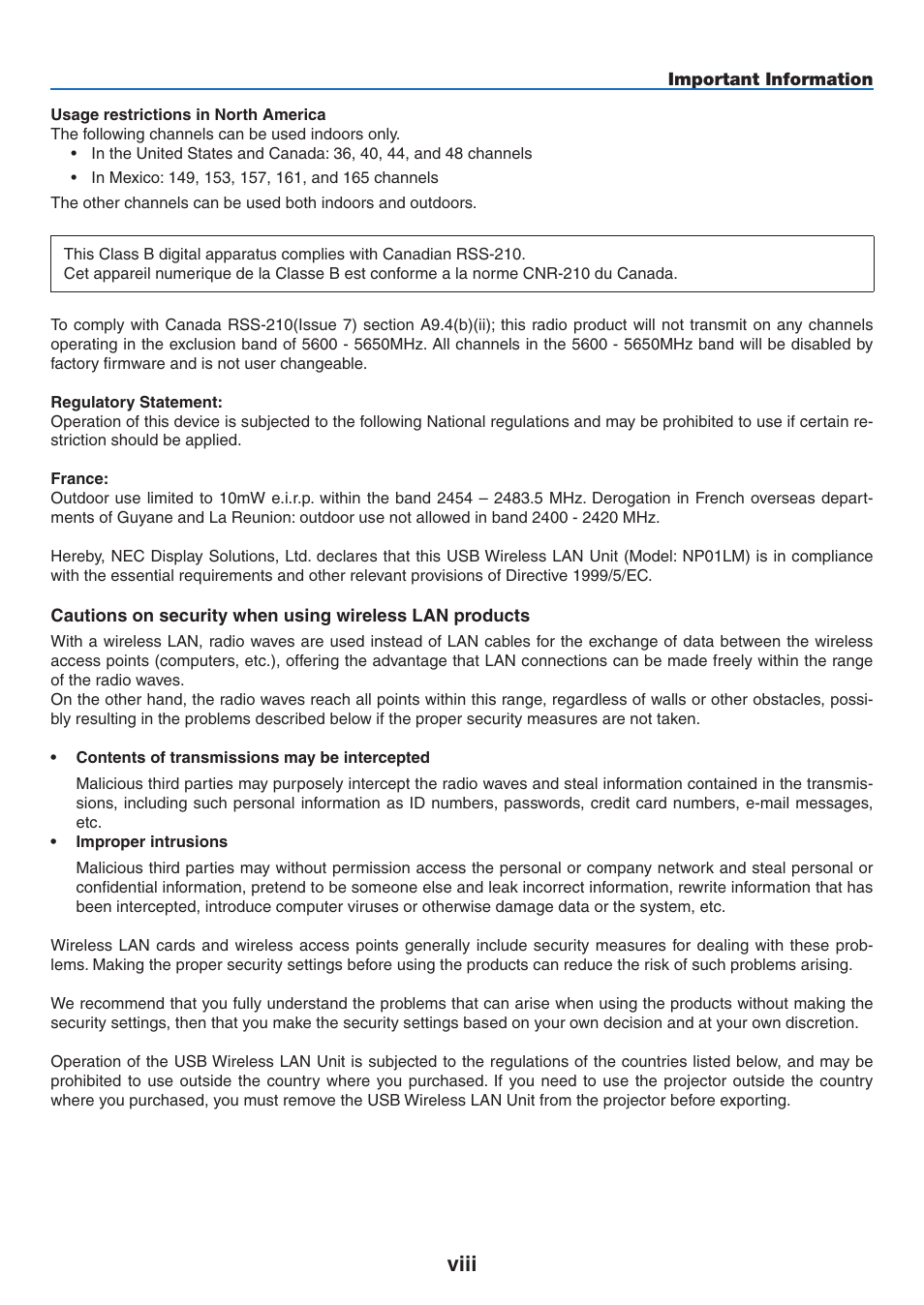 Viii | NEC NP3151W User Manual | Page 10 / 172