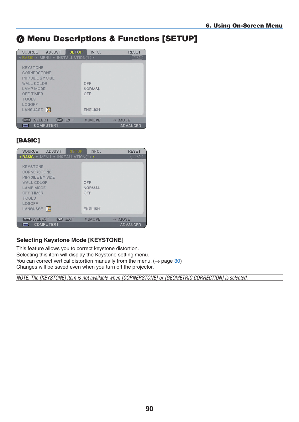 6) menu descriptions & functions [setup, Basic, Menu descriptions & functions [setup | NEC NP3151W User Manual | Page 104 / 172