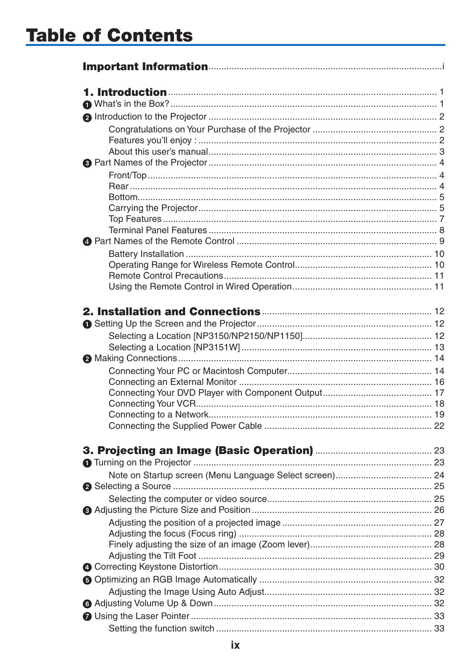 NEC NP3151W User Manual | Page 11 / 172