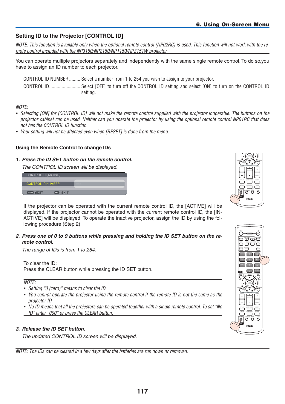 Setting id to the projector [control id, Using on-screen menu | NEC NP3151W User Manual | Page 131 / 172