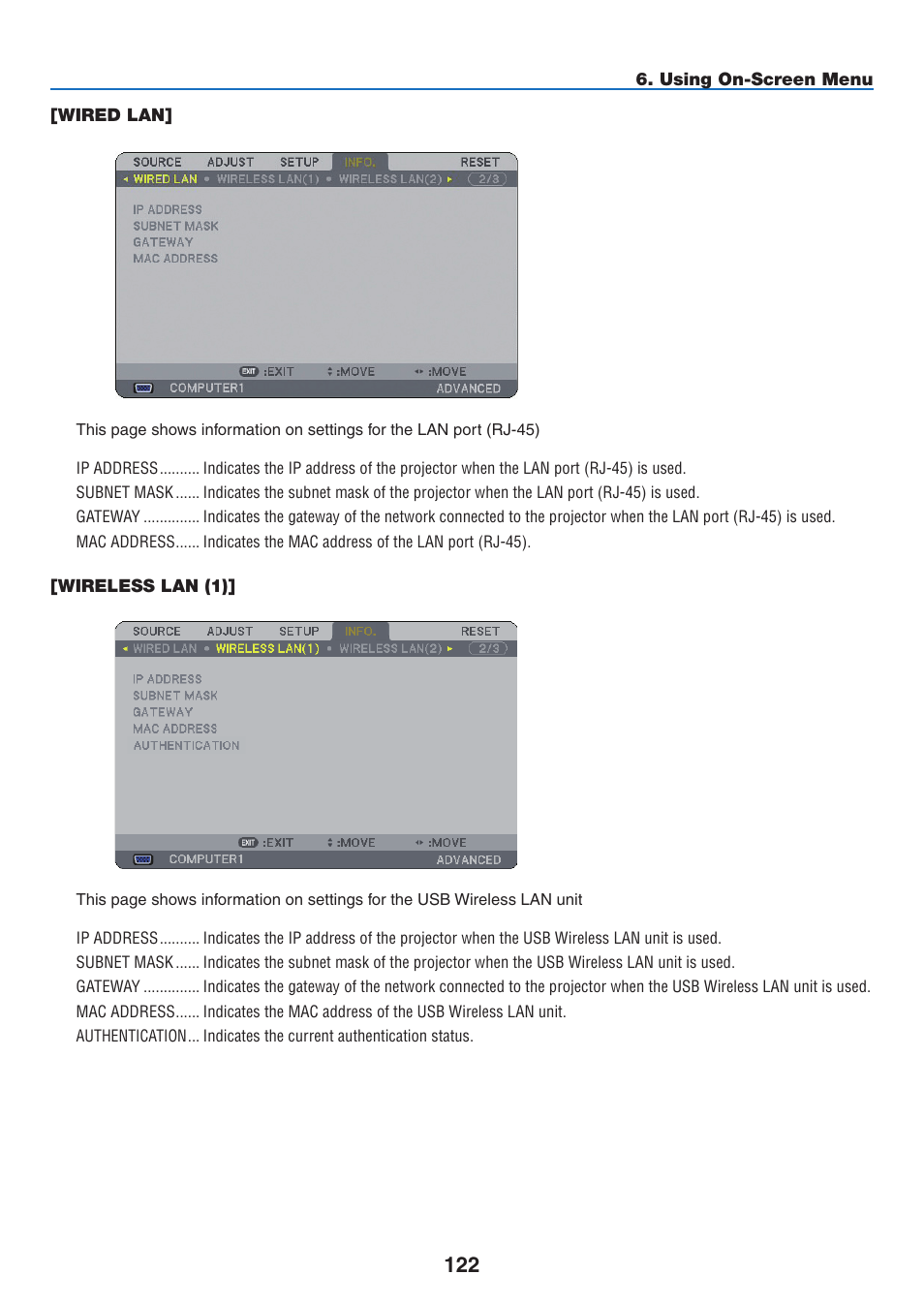 Wired lan, Wireless lan (1), Wired lan] [wireless lan (1) | NEC NP3151W User Manual | Page 136 / 172