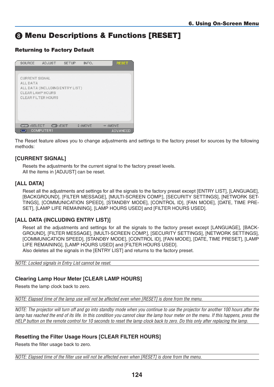 8) menu descriptions & functions [reset, Returning to factory default, Menu descriptions & functions [reset | NEC NP3151W User Manual | Page 138 / 172