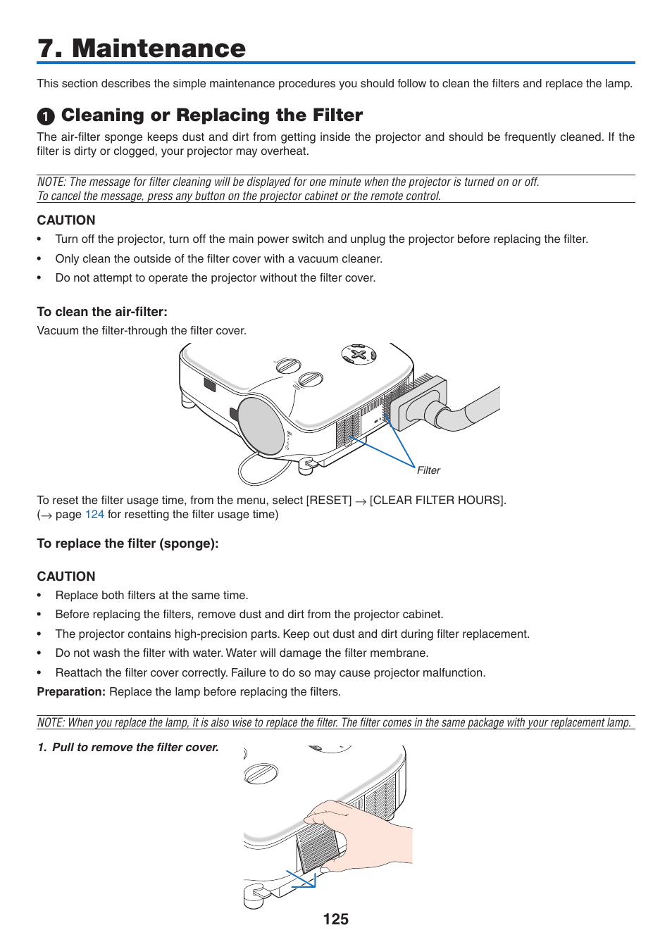 Maintenance, 1) cleaning or replacing the filter, Cleaning or replacing the filter | Caution, Us b lam p sta tus po we r, Filter | NEC NP3151W User Manual | Page 139 / 172