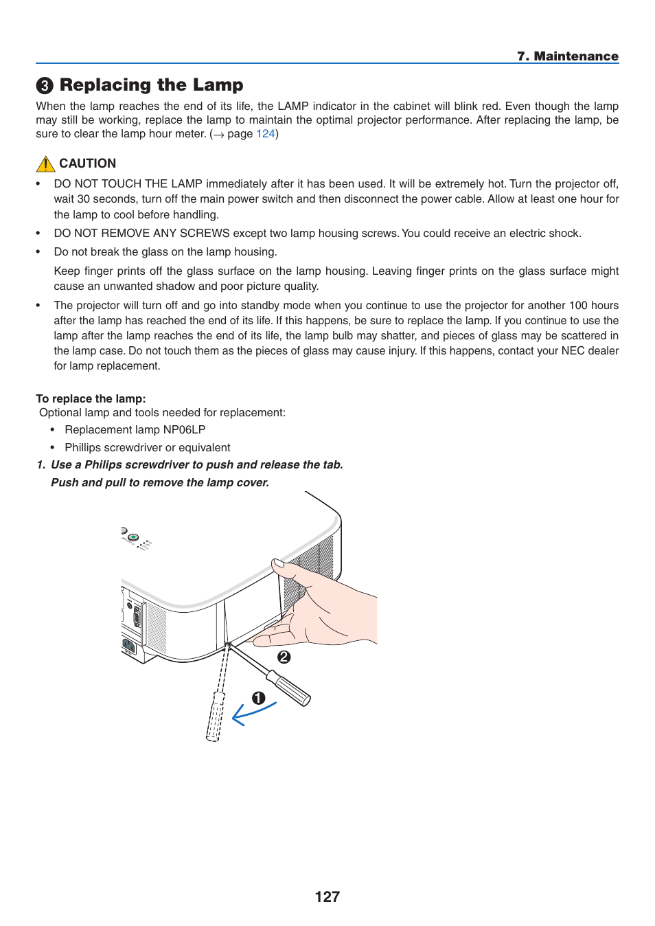 3) replacing the lamp, Replacing the lamp, Caution | Maintenance | NEC NP3151W User Manual | Page 141 / 172