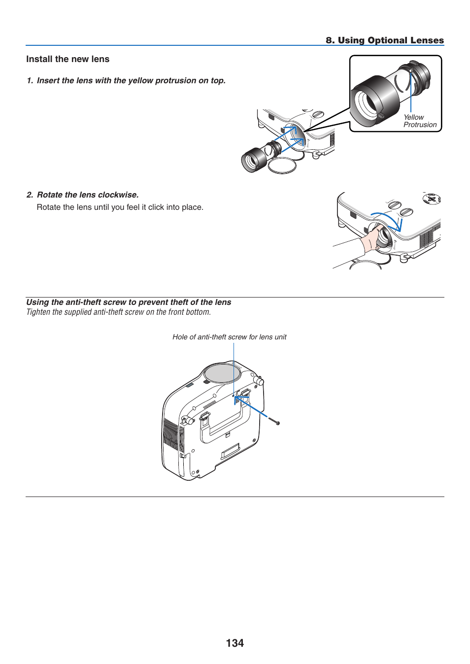 Using optional lenses, Install the new lens, Insert the lens with the yellow protrusion on top | Hole of anti-theft screw for lens unit, Se lec t, Yellow protrusion | NEC NP3151W User Manual | Page 148 / 172