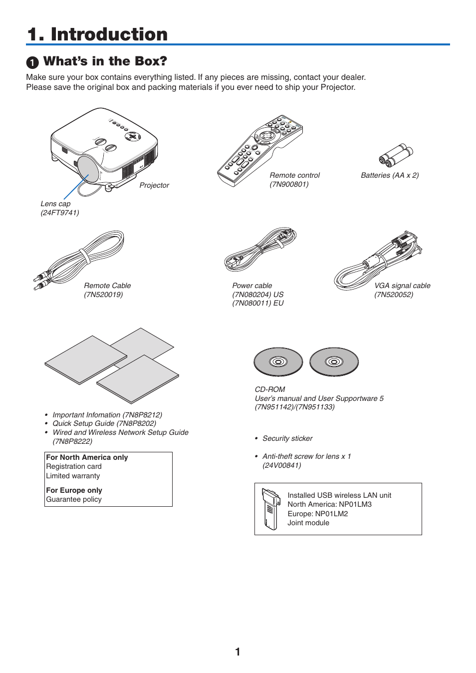 Introduction, 1) what’s in the box, What’s in the box | NEC NP3151W User Manual | Page 15 / 172