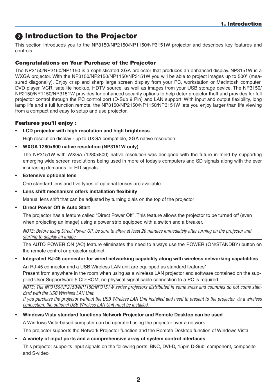 2) introduction to the projector, Congratulations on your purchase of the projector, Features you’ll enjoy | Introduction to the projector | NEC NP3151W User Manual | Page 16 / 172