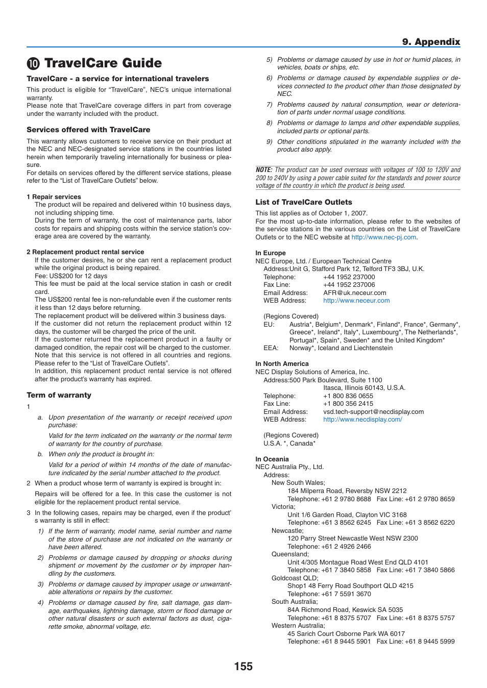10) travelcare guide, Travelcare guide, Appendix | NEC NP3151W User Manual | Page 169 / 172
