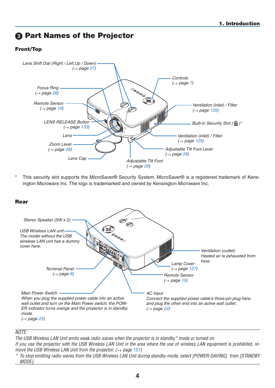 3) part names of the projector, Front/top, Rear | Part names of the projector, Front/top rear, Introduction | NEC NP3151W User Manual | Page 18 / 172