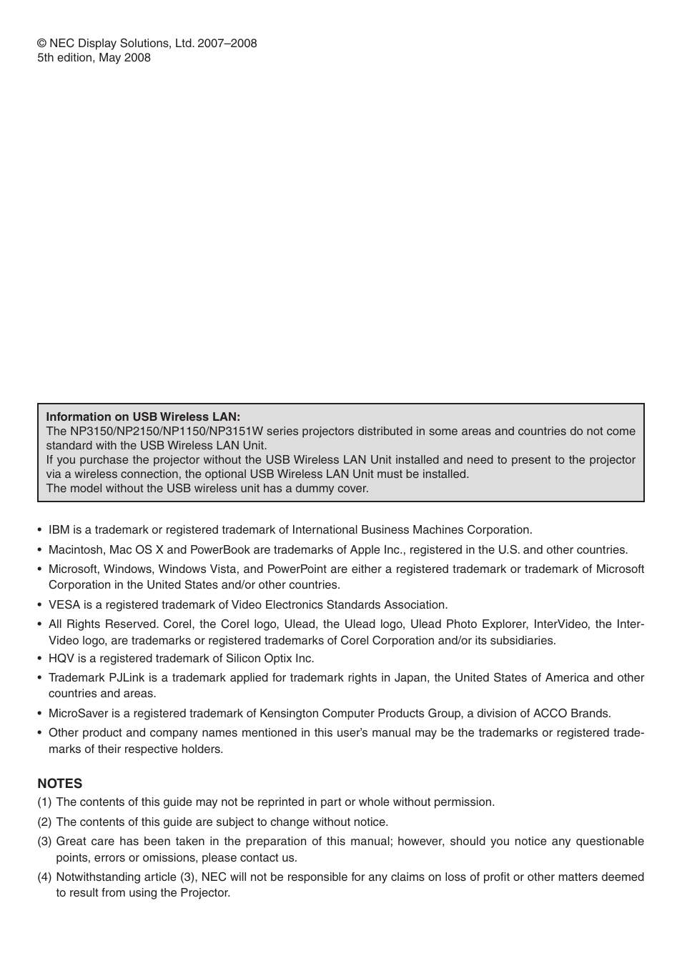 NEC NP3151W User Manual | Page 2 / 172