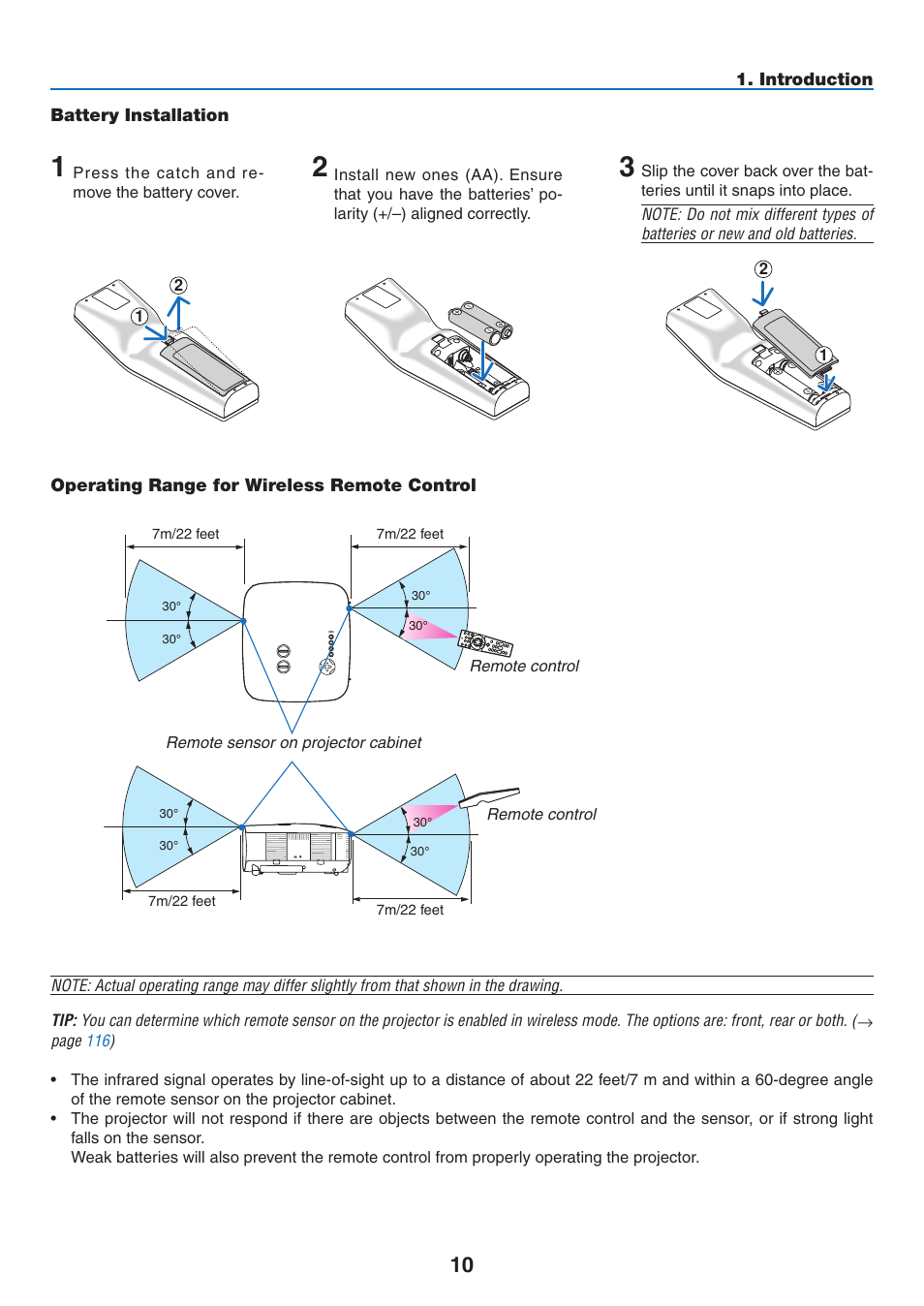 Battery installation, Operating range for wireless remote control | NEC NP3151W User Manual | Page 24 / 172