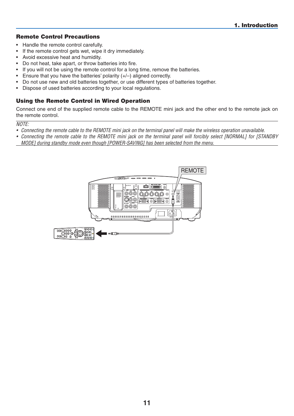 Remote control precautions, Using the remote control in wired operation, Remote | Introduction remote control precautions | NEC NP3151W User Manual | Page 25 / 172