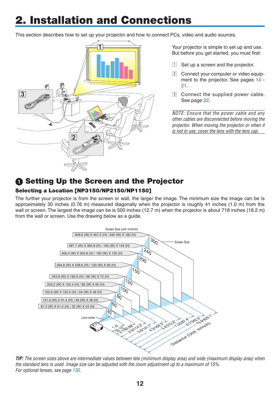 Installation and connections, 1) setting up the screen and the projector, Selecting a location [np3150/np2150/np1150 | Setting up the screen and the projector | NEC NP3151W User Manual | Page 26 / 172