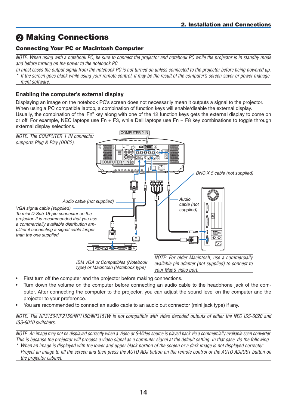 2) making connections, Connecting your pc or macintosh computer, Making connections | Installation and connections, Enabling the computer’s external display | NEC NP3151W User Manual | Page 28 / 172