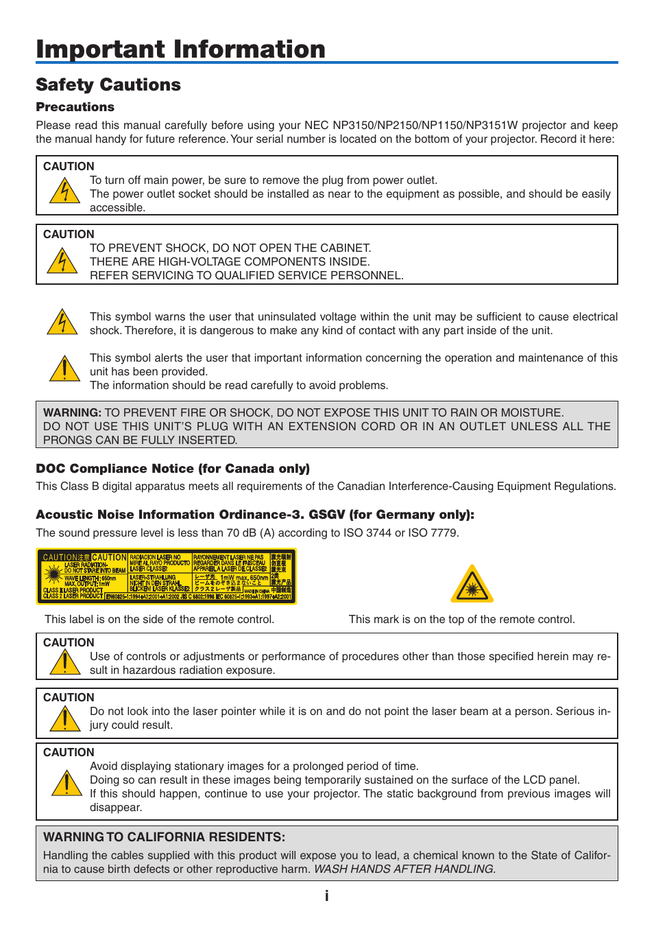 Important information, Safety cautions | NEC NP3151W User Manual | Page 3 / 172