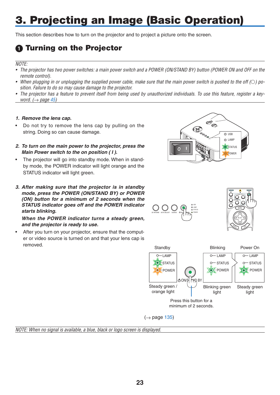 Projecting an image (basic operation), 1) turning on the projector, Turning on the projector | NEC NP3151W User Manual | Page 37 / 172