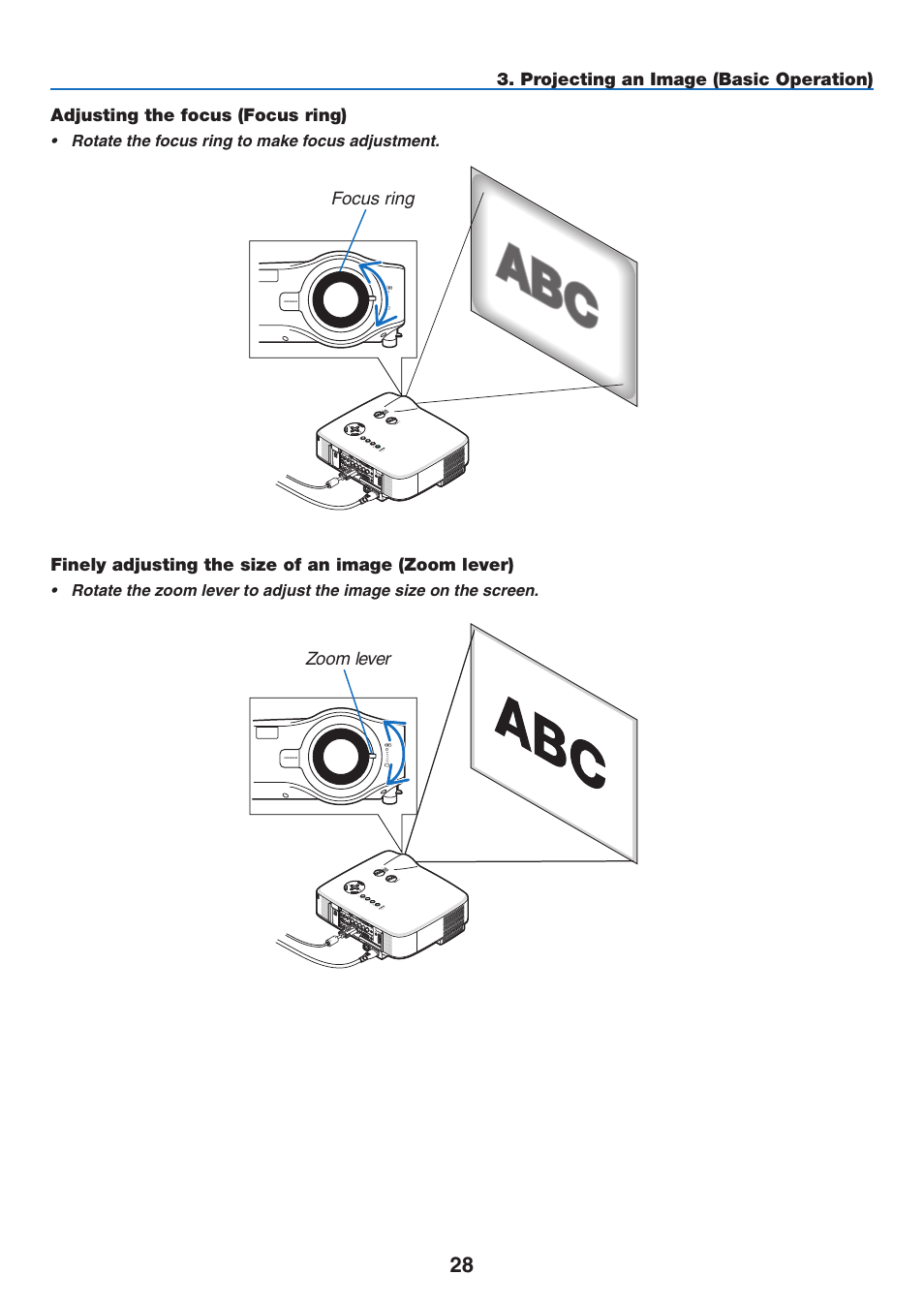 Adjusting the focus (focus ring), Finely adjusting the size of an image (zoom lever), Focus ring | Zoom lever | NEC NP3151W User Manual | Page 42 / 172