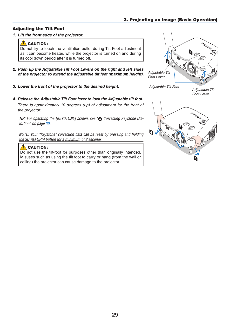 Adjusting the tilt foot, Projecting an image (basic operation) | NEC NP3151W User Manual | Page 43 / 172