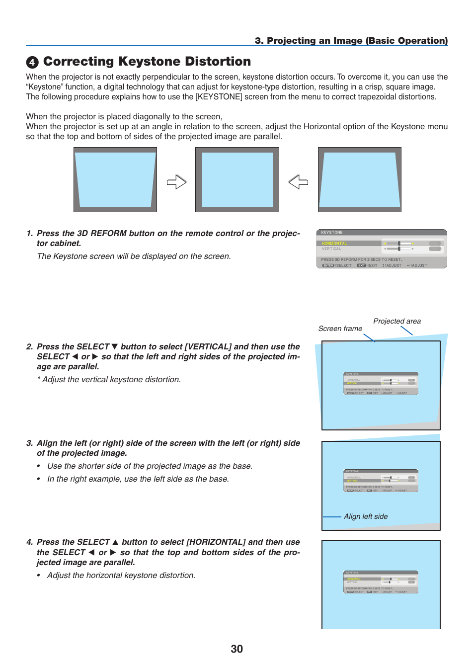 4) correcting keystone distortion, Correcting keystone distortion | NEC NP3151W User Manual | Page 44 / 172