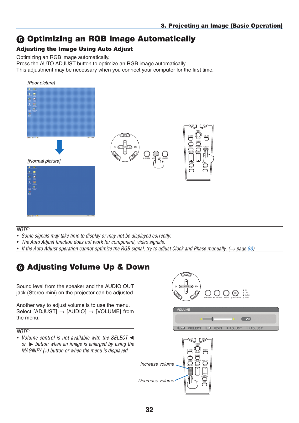 5) optimizing an rgb image automatically, Adjusting the image using auto adjust, 6) adjusting volume up & down | Optimizing an rgb image automatically, Adjusting volume up & down, Projecting an image (basic operation), Poor picture] [normal picture, Increase volume decrease volume | NEC NP3151W User Manual | Page 46 / 172