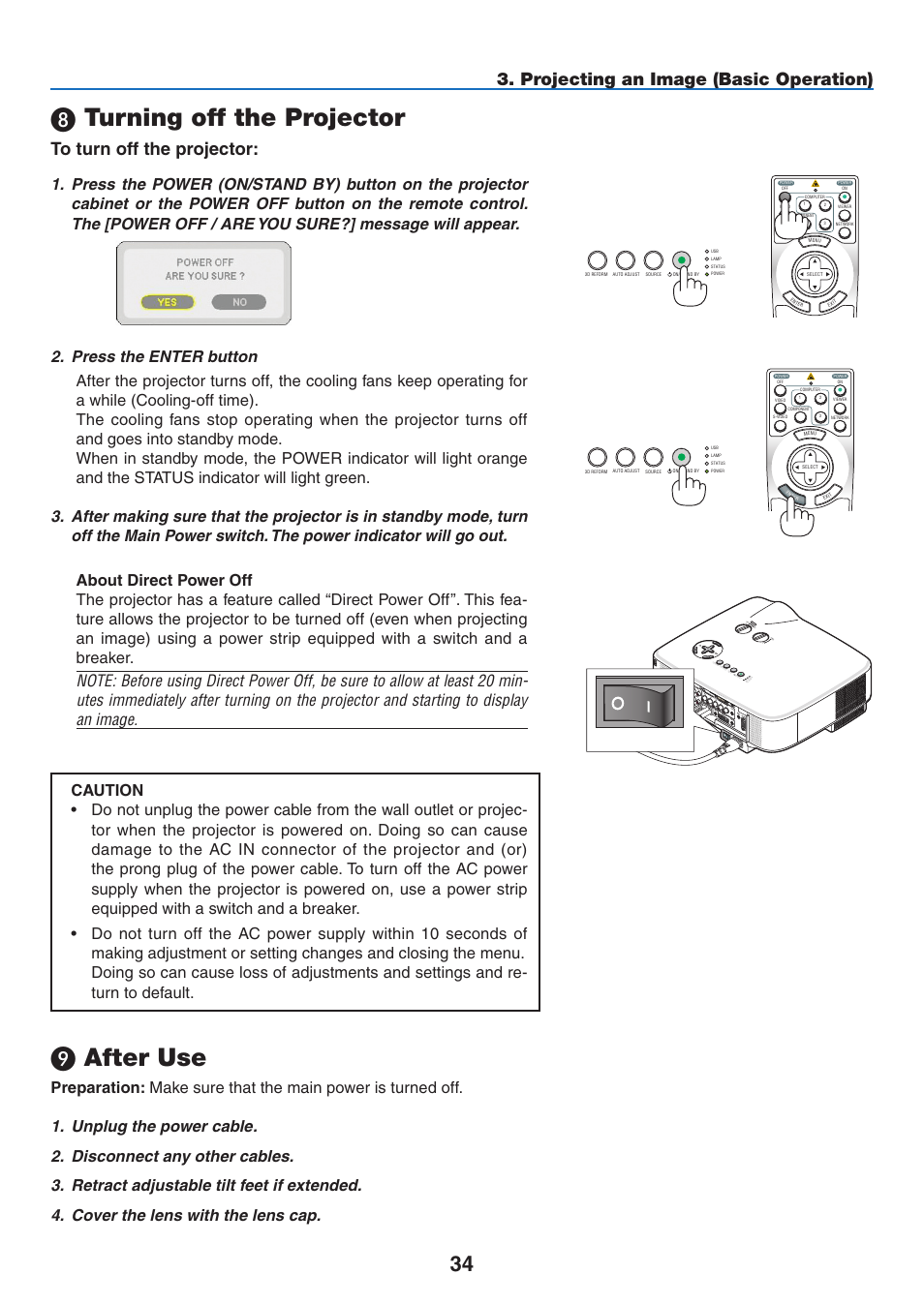 8) turning off the projector, 9) after use, Turning off the projector  after use | Turning off the projector, After use | NEC NP3151W User Manual | Page 48 / 172