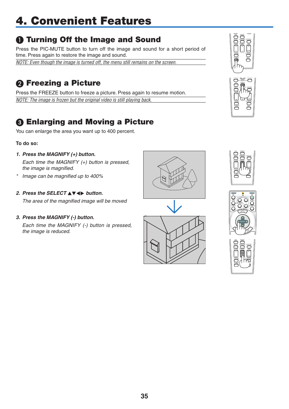 Convenient features, 1) turning off the image and sound, 2) freezing a picture | 3) enlarging and moving a picture, Turning off the image and sound, Freezing a picture, Enlarging and moving a picture | NEC NP3151W User Manual | Page 49 / 172
