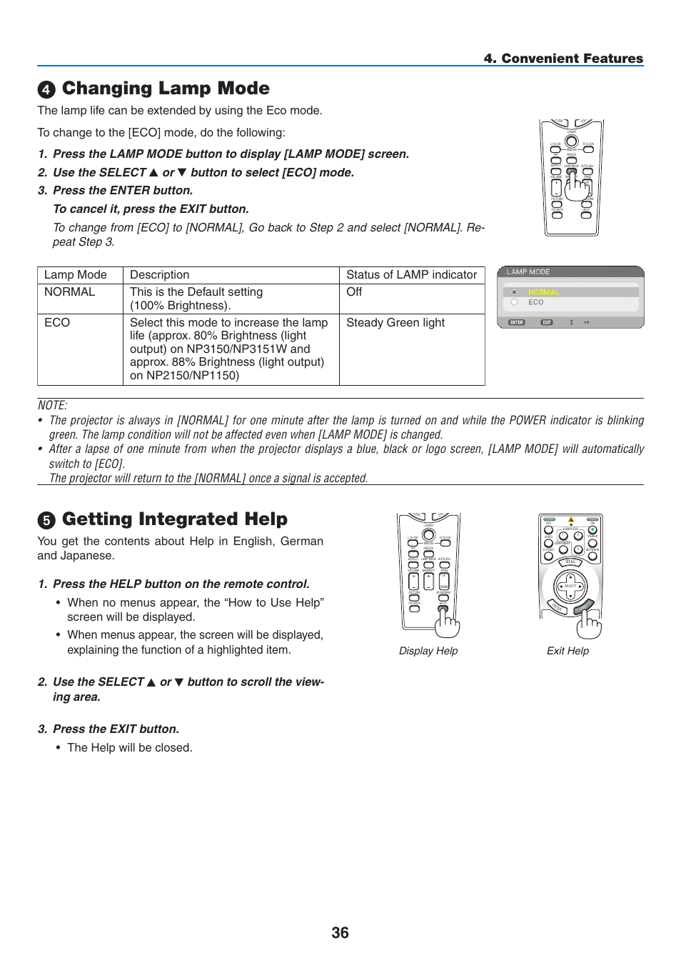 4) changing lamp mode, 5) getting integrated help, Changing lamp mode  getting integrated help | Getting integrated help, Changing lamp mode, Convenient features, Display help exit help | NEC NP3151W User Manual | Page 50 / 172