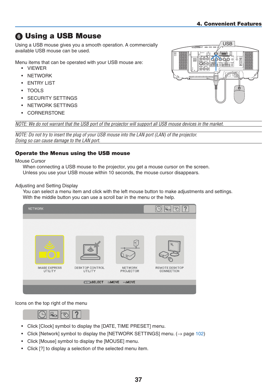 6) using a usb mouse, Operate the menus using the usb mouse, Using a usb mouse | Convenient features | NEC NP3151W User Manual | Page 51 / 172