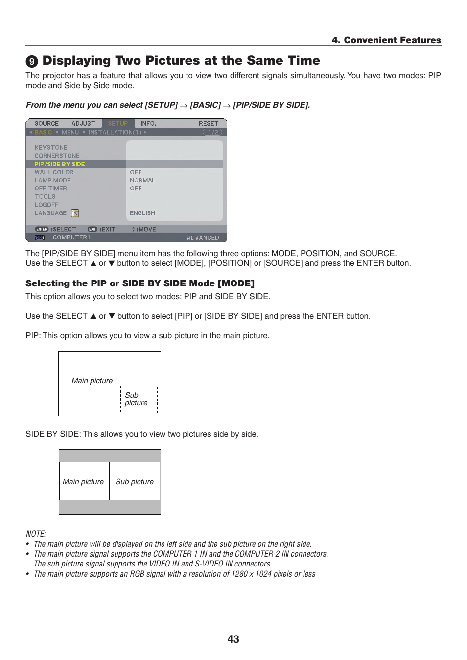 9) displaying two pictures at the same time, Selecting the pip or side by side mode [mode, 9 displaying two pictures at the same time | NEC NP3151W User Manual | Page 57 / 172