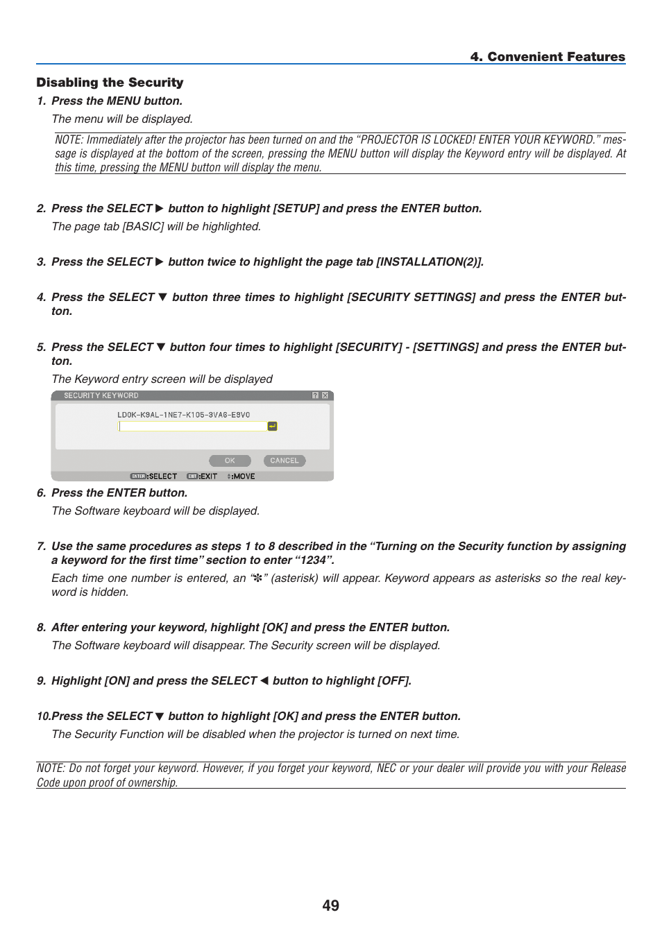 Disabling the security | NEC NP3151W User Manual | Page 63 / 172