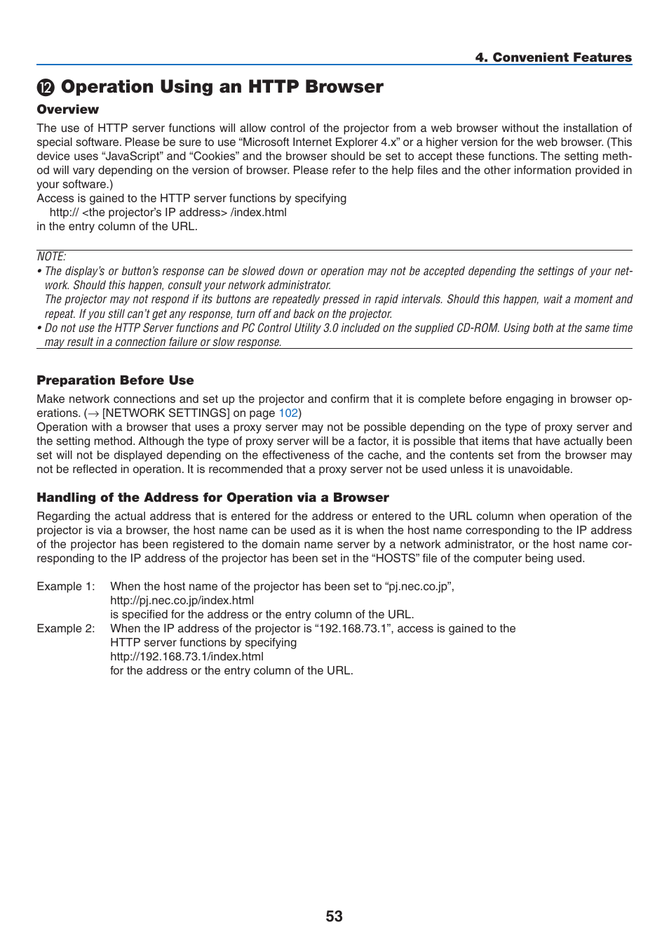 12) operation using an http browser, Overview, Preparation before use | L operation using an http browser | NEC NP3151W User Manual | Page 67 / 172