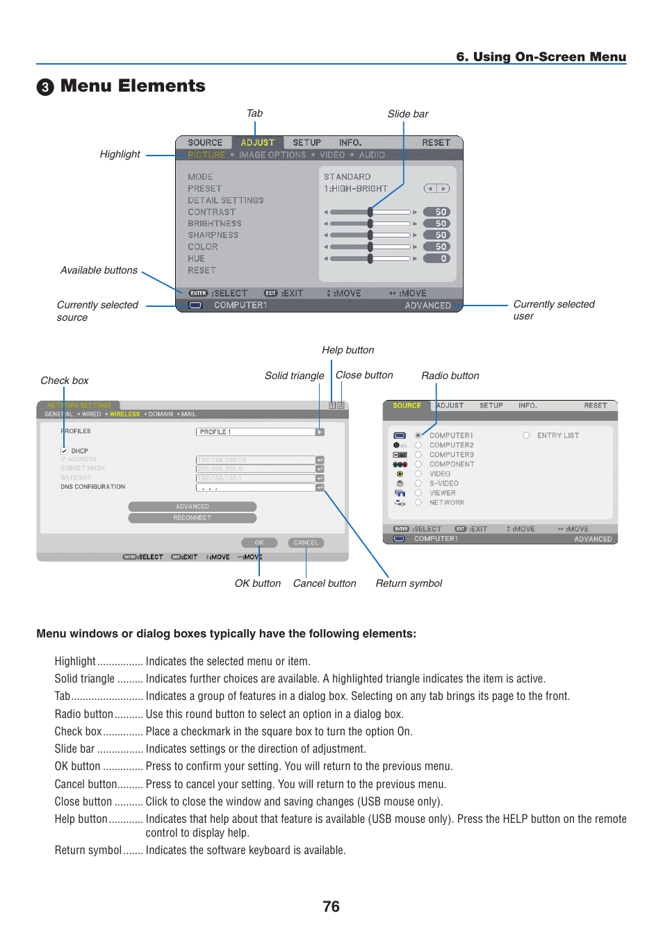 3) menu elements, Menu elements | NEC NP3151W User Manual | Page 90 / 172