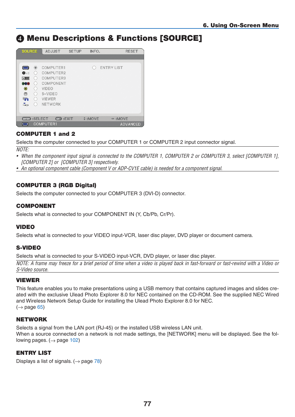 4) menu descriptions & functions [source, Computer 1 and 2, Computer 3 (rgb digital) | Component, Video, S-video, Viewer, Network, Entry list, Menu descriptions & functions [source | NEC NP3151W User Manual | Page 91 / 172