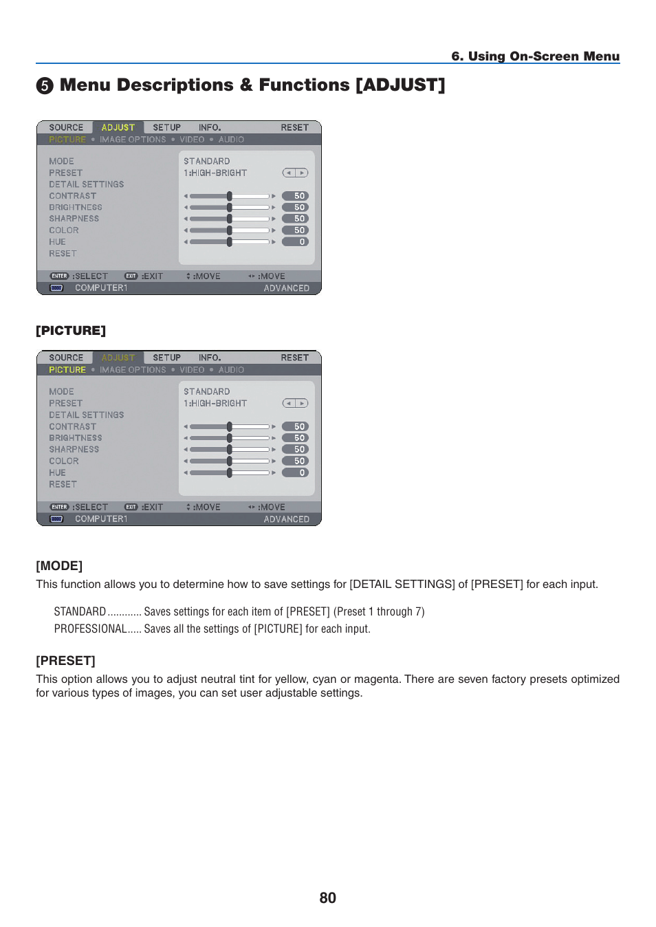 5) menu descriptions & functions [adjust, Picture, Menu descriptions & functions [adjust | NEC NP3151W User Manual | Page 94 / 172